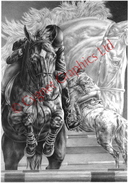 Montage drawing of jumping horses