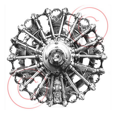 radial engine drawing - from vintage biplane